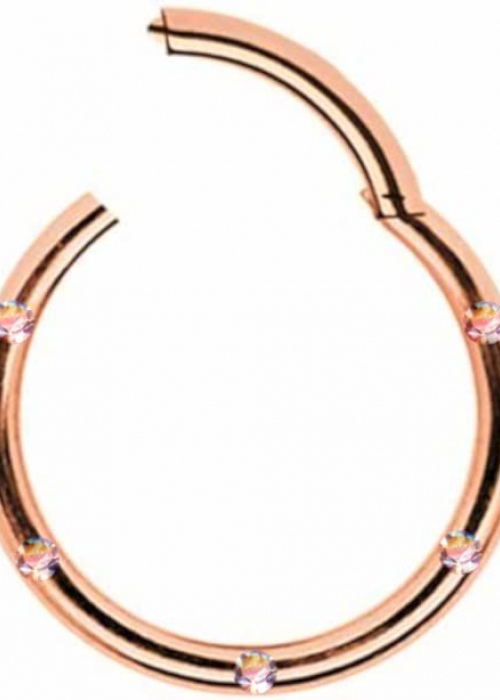 Clicker Ring Hinge Surgical Steel Rose Gold Golden 5 Crystals Aurora Borealis