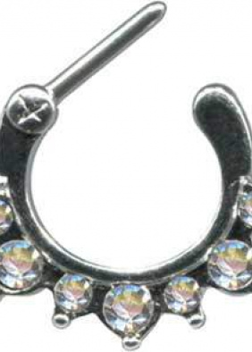 Clicker Ring Hinge Surgical Steel Silver 7 Big Crystals Clear White