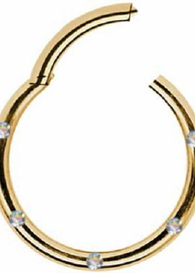 Clicker Ring Hinge Surgical Steel Gold Golden 5 Crystals Clear White
