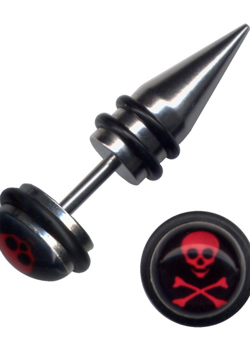 Fake Dehnungsstab Plug Chrirurgenstahl Totenkopf Rot Schwarz 1,2mm