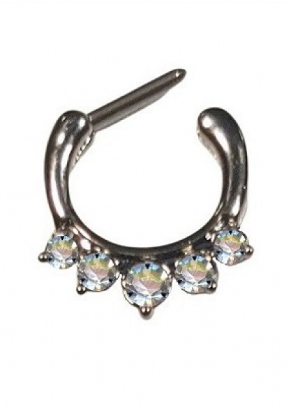 Clicker Ring Hinge Surgical Steel Silver 5 Big Crystals Clear White
