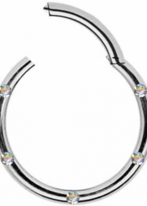 Clicker Ring Hinge Surgical Steel Silver 5 Crystals Clear White